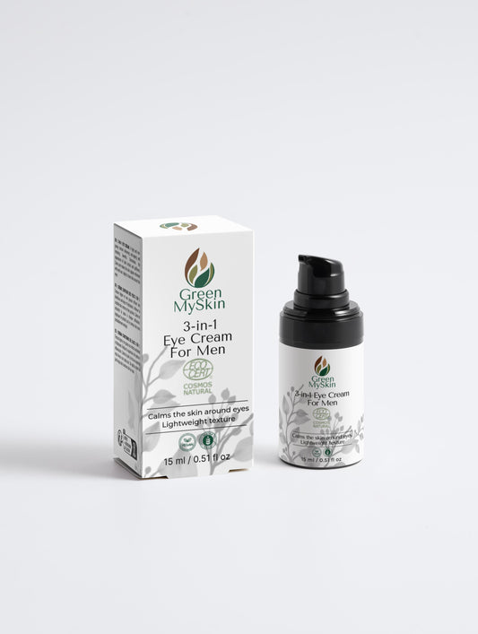 3-in-1 Eye Cream for men from greenmyskin.com, reduces puffiness, dark circles, and fine lines with a lightweight formula. Perfect for all skin types.