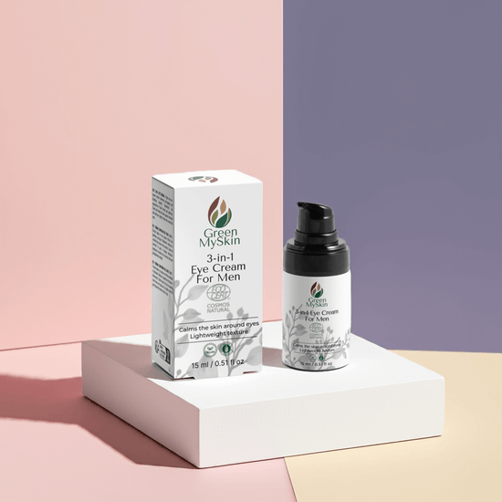 3-in-1 Eye Cream for men from greenmyskin.com, reduces puffiness, dark circles, and fine lines with a lightweight formula. Perfect for all skin types.
