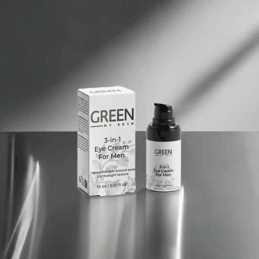 3-in-1 Eye Cream for men from greenmyskin.com, reduces puffiness, dark circles, and fine lines with a lightweight formula. Perfect for all skin types.