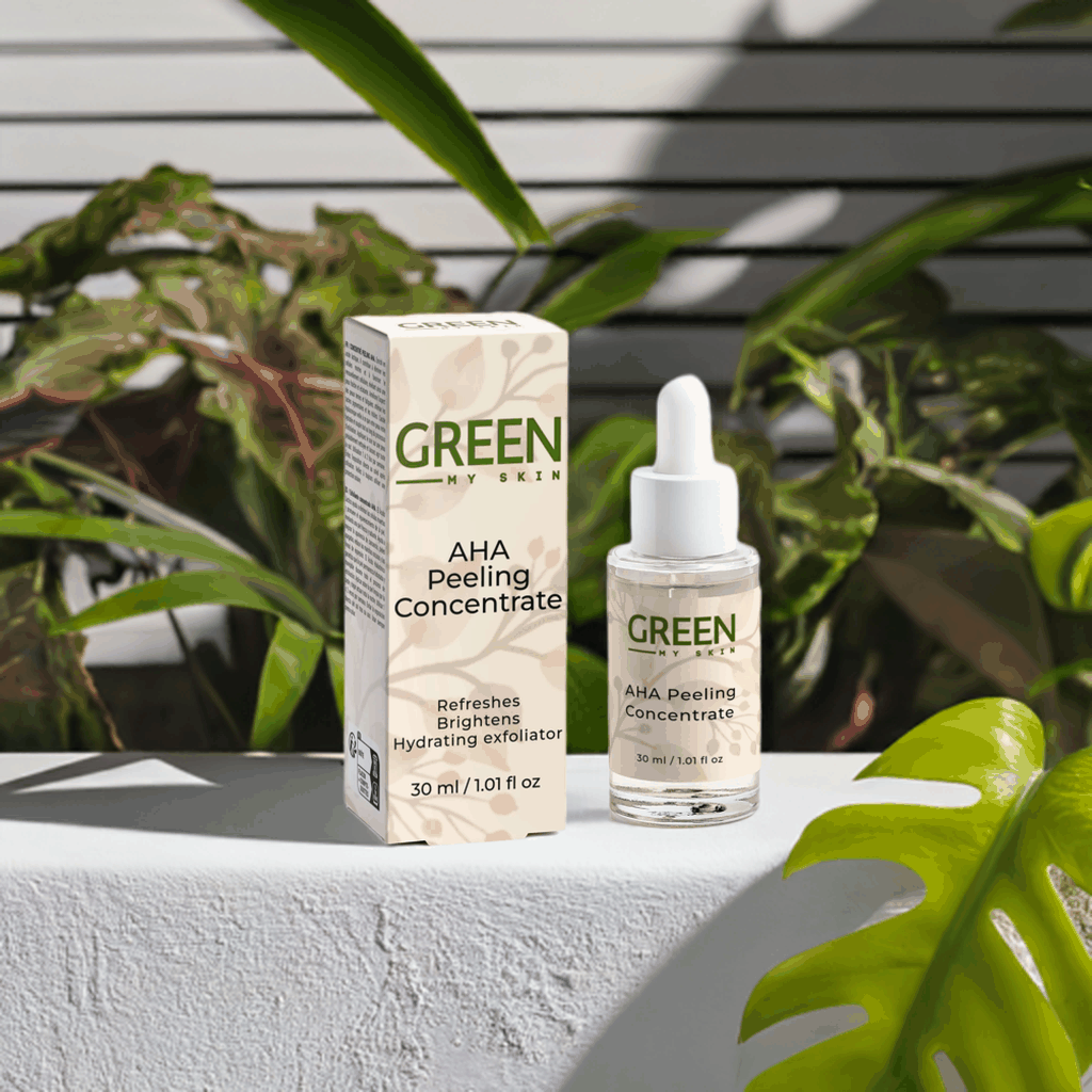 Vegan AHA peeling concentrate with organic, cruelty-free ingredients to exfoliate, brighten, and rejuvenate skin, available at greenmyskin.com