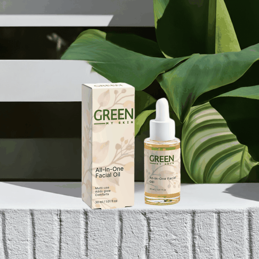 Vegan all-in-one facial oil with organic, cruelty-free ingredients to hydrate, balance, and nourish skin, available at greenmyskin.com