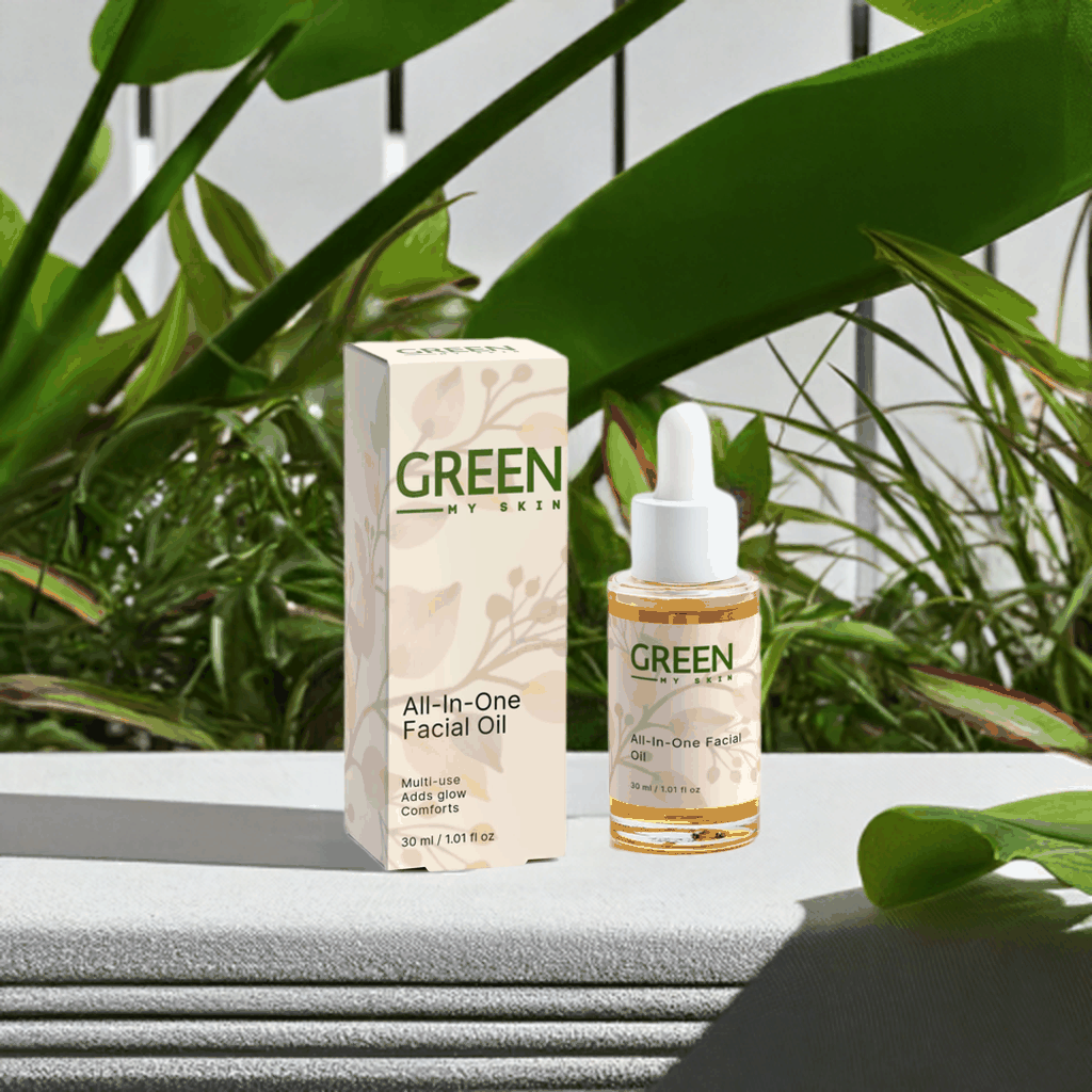 All-In-One Facial Oil with organic ingredients for hydrating and nourishing skin.