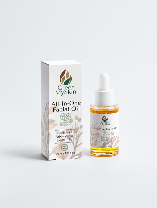 Vegan all-in-one facial oil with organic, cruelty-free ingredients to hydrate, balance, and nourish skin, available at greenmyskin.com