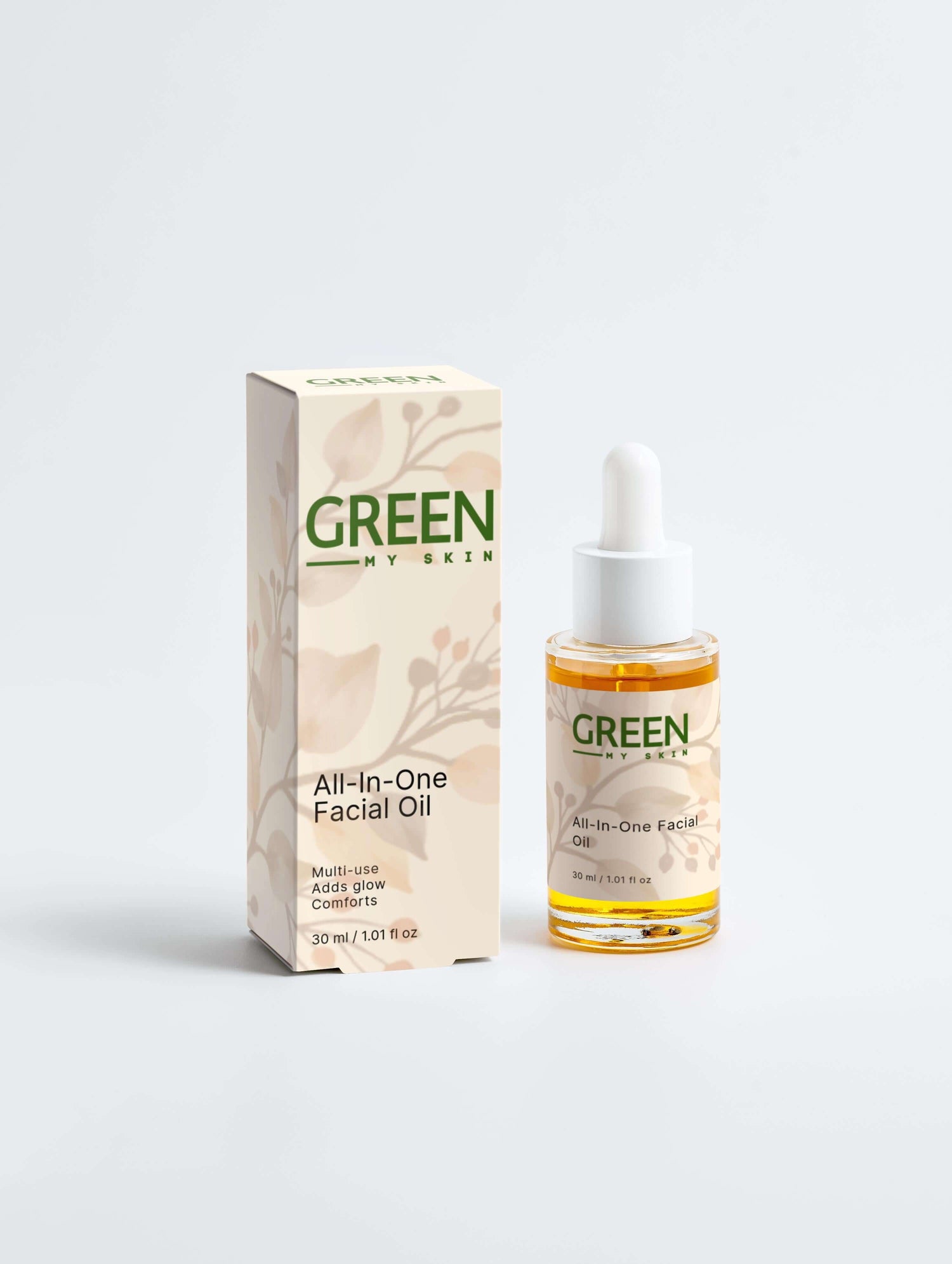 Vegan all-in-one facial oil with organic, cruelty-free ingredients to hydrate, balance, and nourish skin, available at greenmyskin.com