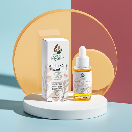 Vegan all-in-one facial oil with organic, cruelty-free ingredients to hydrate, balance, and nourish skin, available at greenmyskin.com