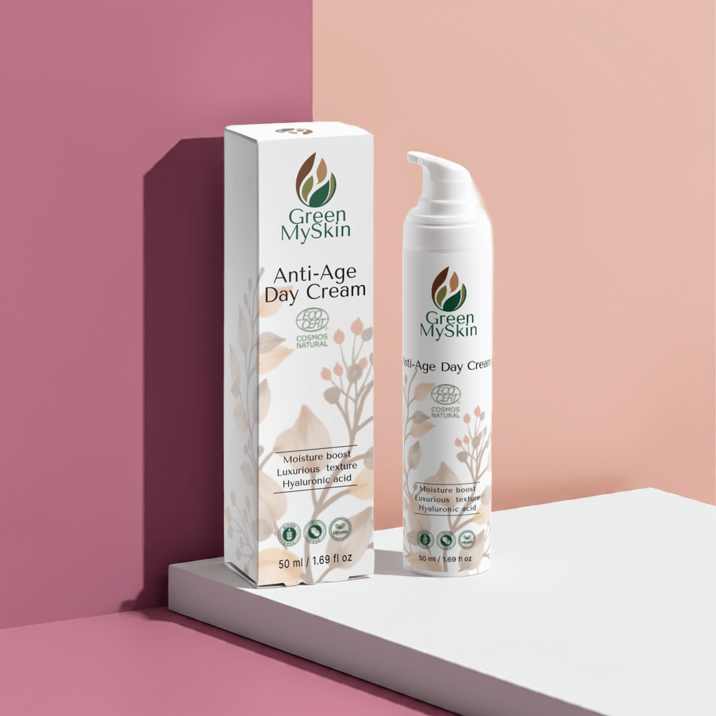 Vegan anti-age day cream with organic, cruelty-free ingredients to reduce fine lines, hydrate, and protect skin, available at greenmyskin.com.
