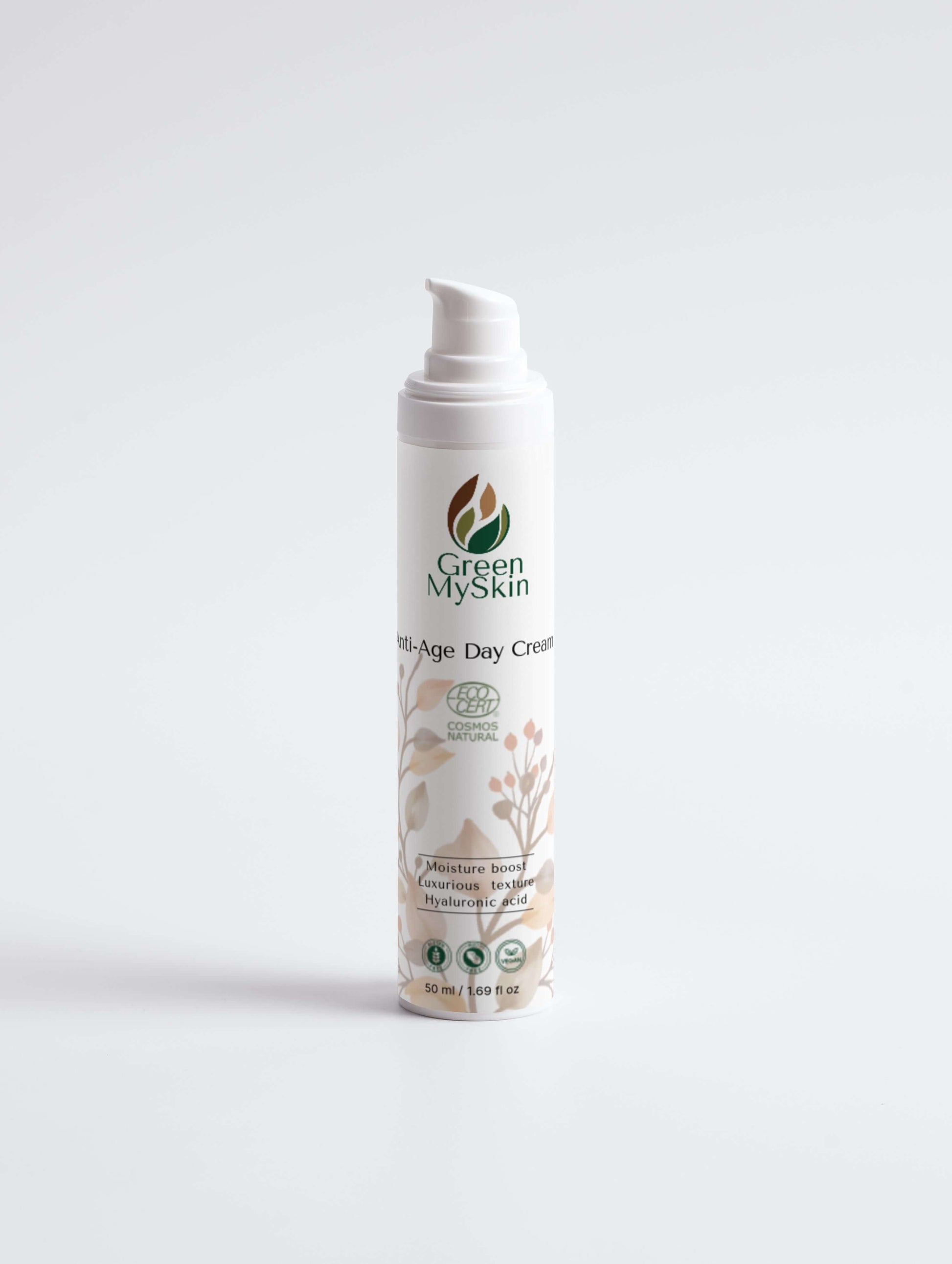 Vegan anti-age day cream with organic, cruelty-free ingredients to reduce fine lines, hydrate, and protect skin, available at greenmyskin.com.