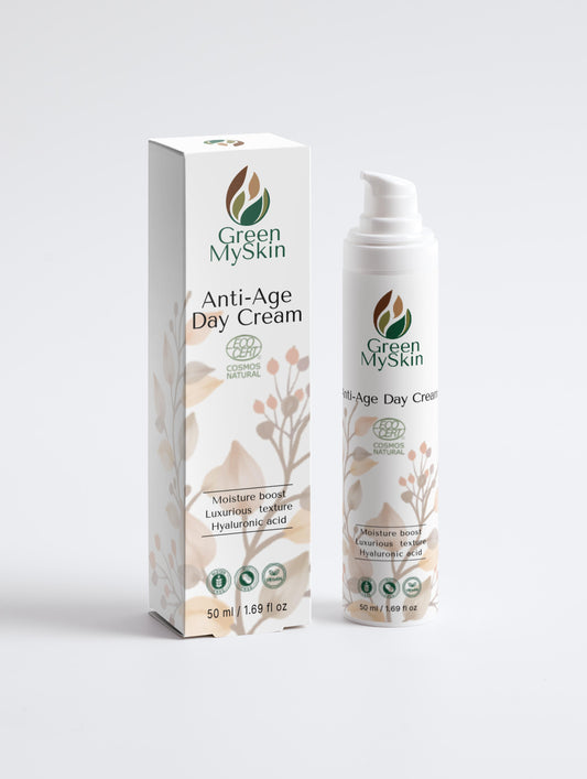 Vegan anti-age day cream with organic, cruelty-free ingredients to reduce fine lines, hydrate, and protect skin, available at greenmyskin.com.