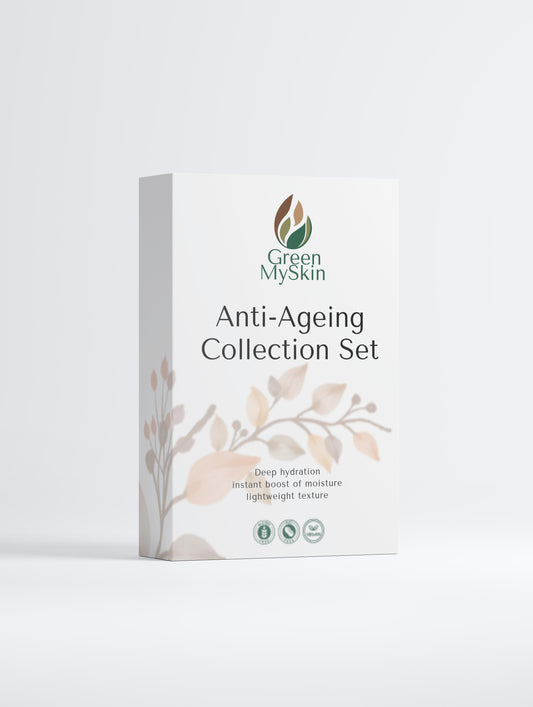 Vegan anti-ageing collection box with organic, cruelty-free skincare products to reduce wrinkles, firm, and rejuvenate skin, available at greenmyskin.com.