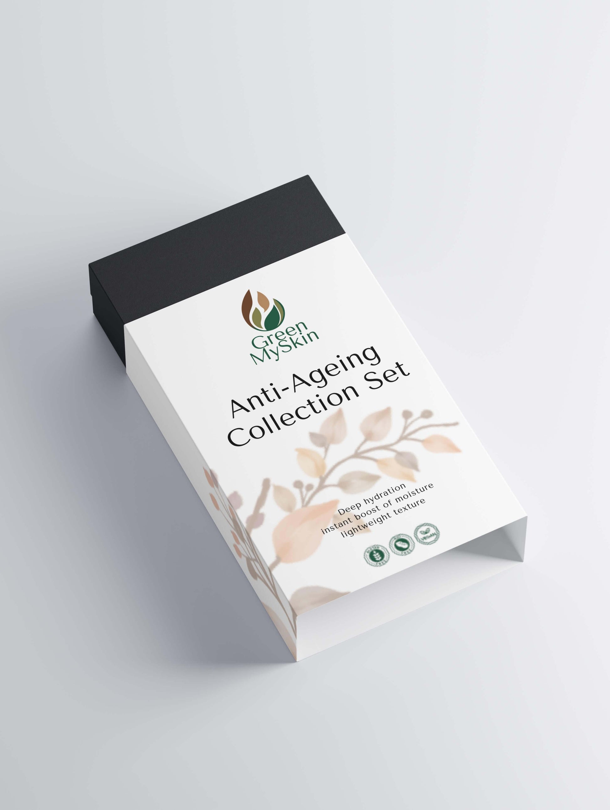 Vegan anti-ageing collection box with organic, cruelty-free skincare products to reduce wrinkles, firm, and rejuvenate skin, available at greenmyskin.com.