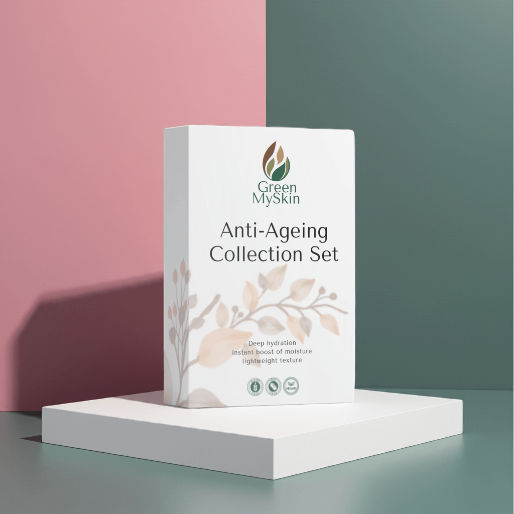 Vegan anti-ageing collection box with organic, cruelty-free skincare products to reduce wrinkles, firm, and rejuvenate skin, available at greenmyskin.com.