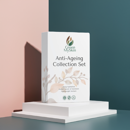Vegan anti-ageing collection box with organic, cruelty-free skincare products to reduce wrinkles, firm, and rejuvenate skin, available at greenmyskin.com.