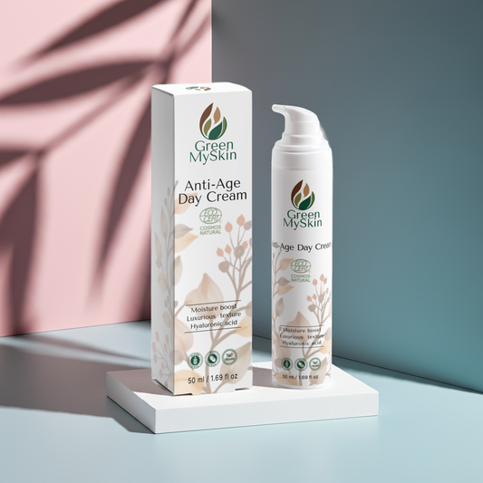 Vegan anti-age day cream with organic, cruelty-free ingredients to reduce fine lines, hydrate, and protect skin, available at greenmyskin.com.