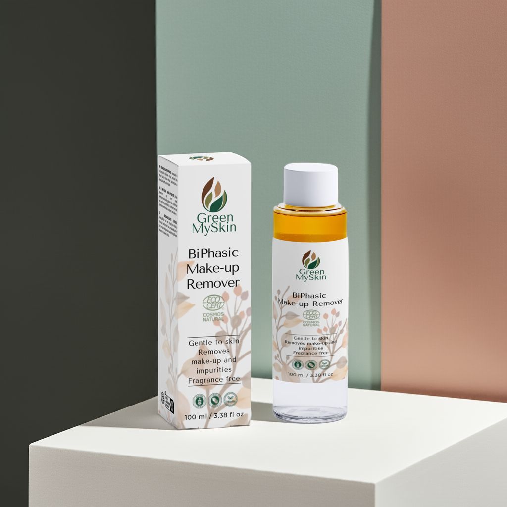 BiPhasic make-up remover bottle and box on a marble surface surrounded by green leaves.