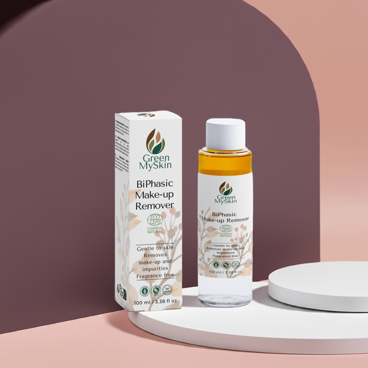BiPhasic Make-up Remover bottle and box on display for skincare.