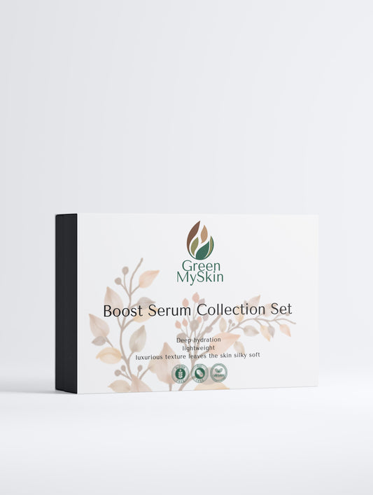 Vegan boost-serum Collection Box with organic, cruelty-free skincare serums to hydrate, brighten, and rejuvenate skin, available at greenmyskin.com