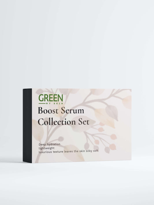 Vegan boost-serum Collection Box with organic, cruelty-free skincare serums to hydrate, brighten, and rejuvenate skin, available at greenmyskin.com.