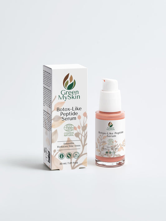 Vegan botox-like-peptide-serum with organic, cruelty-free ingredients to visibly reduce wrinkles and fine lines, firm and rejuvenate skin, available at greenmyskin.com