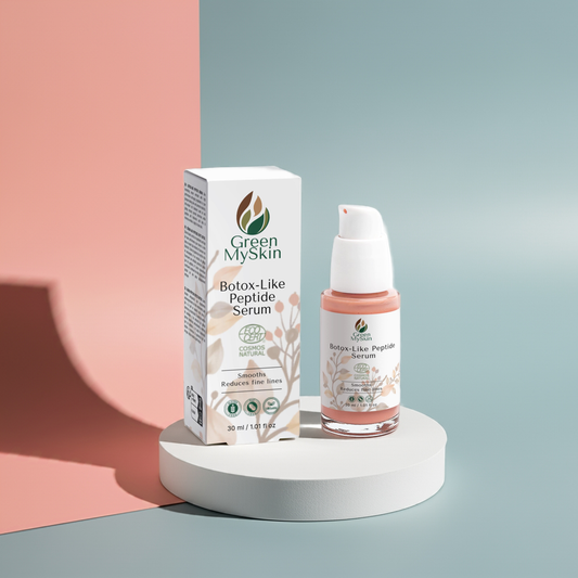 Vegan botox-like-peptide-serum with organic, cruelty-free ingredients to visibly reduce wrinkles and fine lines, firm and rejuvenate skin, available at greenmyskin.com