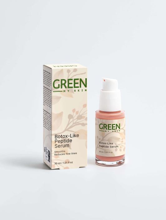 Vegan botox-like-peptide-serum with organic, cruelty-free ingredients to visibly reduce wrinkles and fine lines, firm and rejuvenate skin, available at greenmyskin.com
