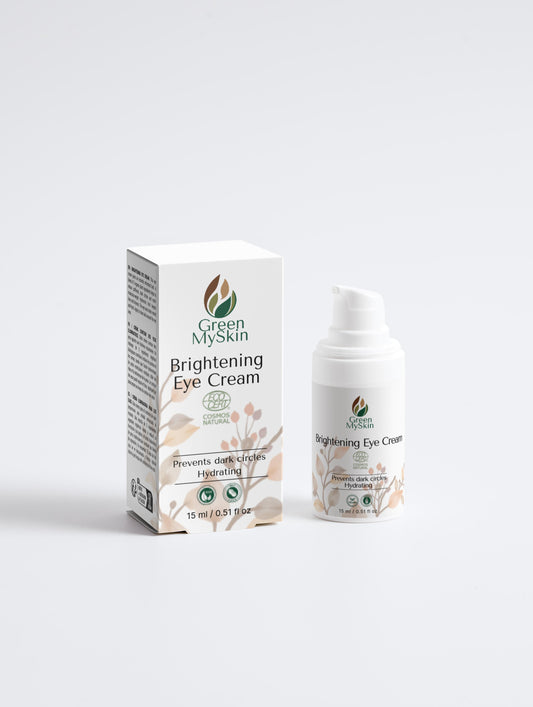 Vegan brightening eye cream with organic, cruelty-free ingredients to reduce dark circles, puffiness, and brighten the under-eye area, available at greenmyskin.com