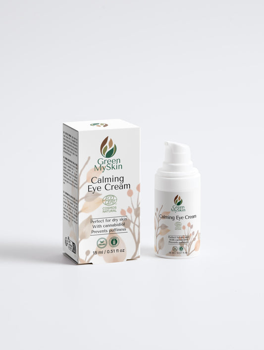 Vegan calming eye cream with organic, cruelty-free ingredients to soothe puffiness, dark circles, and fine lines, available at greenmyskin.com.