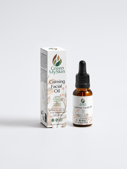 Vegan calming facial oil with organic, cruelty-free ingredients to hydrate, soothe, and balance sensitive skin, available at greenmyskin.com
