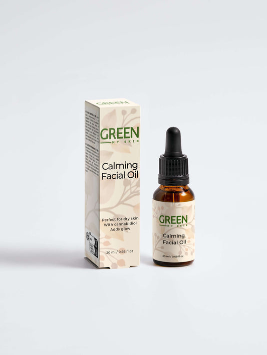 Vegan calming facial oil with organic, cruelty-free ingredients to hydrate, soothe, and balance sensitive skin, available at greenmyskin.com