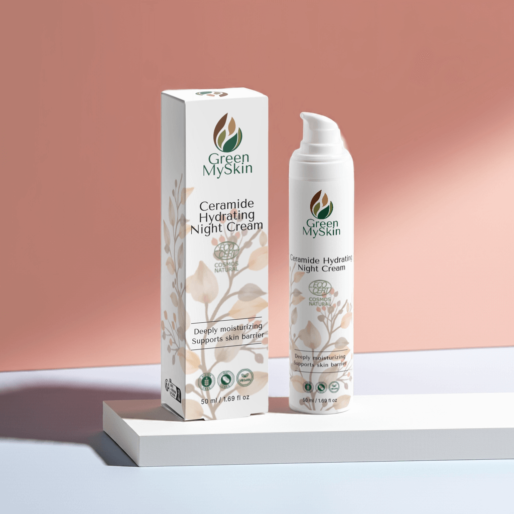 Green My Skin's vegan ceramide hydrating night cream. Organic, cruelty-free, Cosmos Natural. Nourishes, repairs & restores skin while you sleep.
