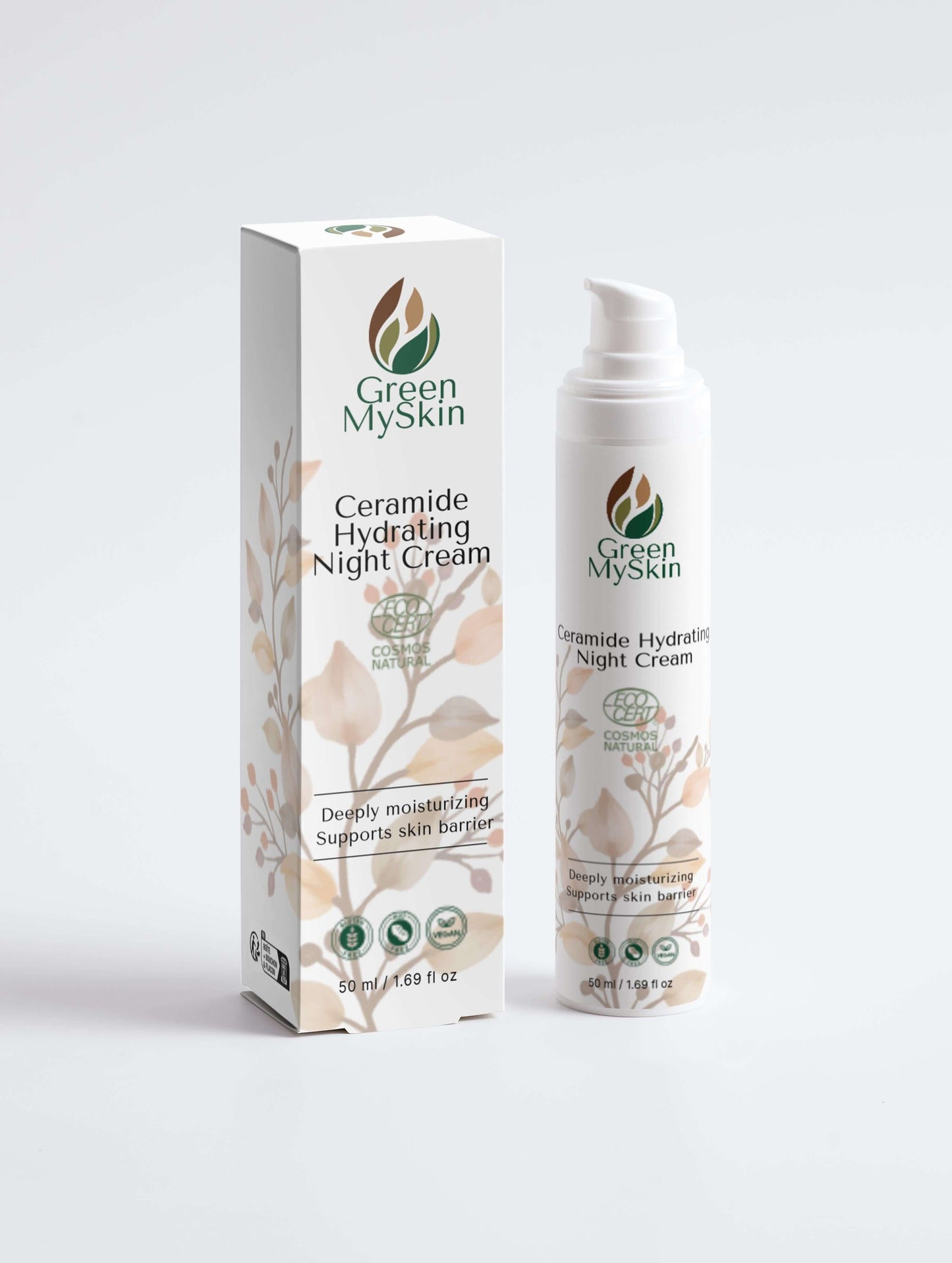 Vegan ceramide hydrating night cream with organic, cruelty-free ingredients to nourish, repair, and restore skin overnight, available at greenmyskin.com