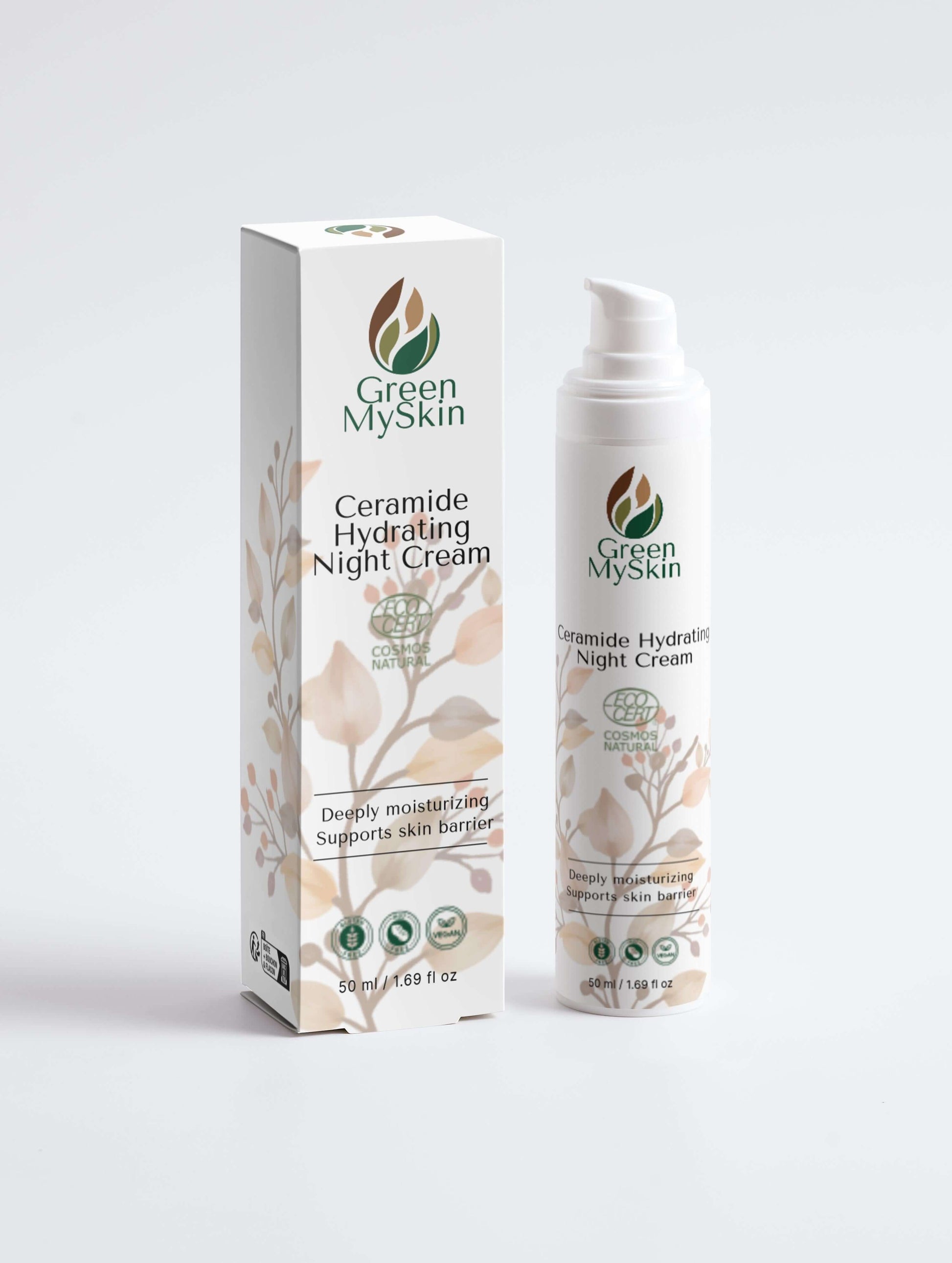 Vegan ceramide hydrating night cream with organic, cruelty-free ingredients to nourish, repair, and restore skin overnight, available at greenmyskin.com