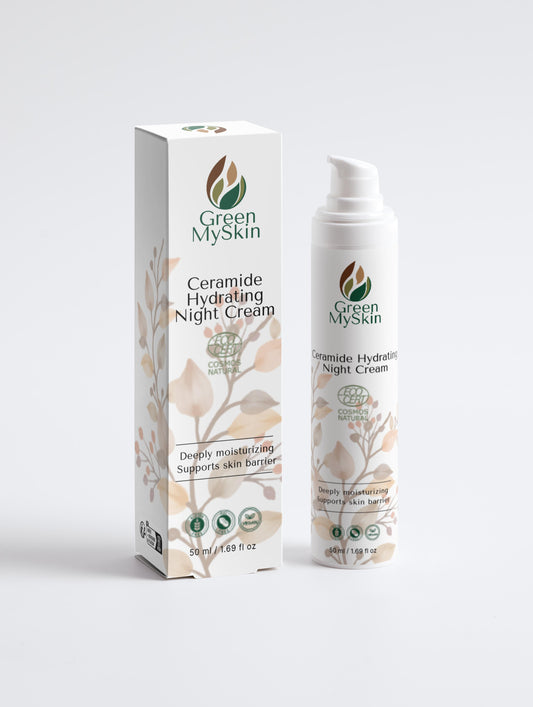 Vegan ceramide hydrating night cream with organic, cruelty-free ingredients to nourish, repair, and restore skin overnight, available at greenmyskin.com
