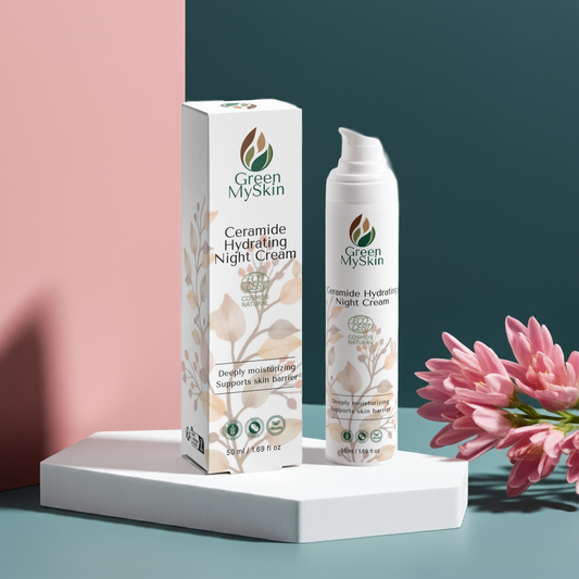Ceramide Hydrating Night Cream with packaging, promotes moisturizing and skin barrier support.