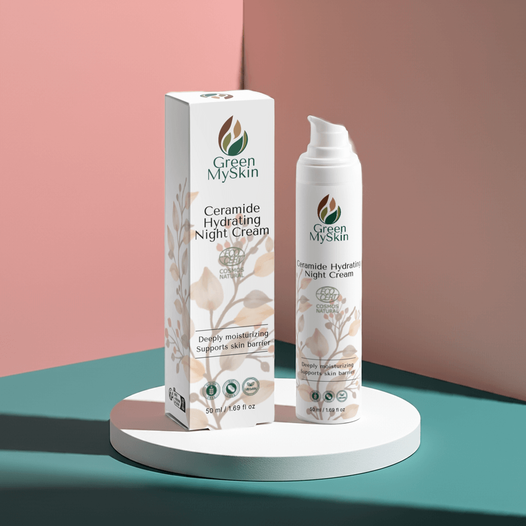 Organic, cruelty-free vegan ceramide night cream (Cosmos Natural) from greenmyskin.com. Deeply nourishes, repairs, and restores skin while you sleep.