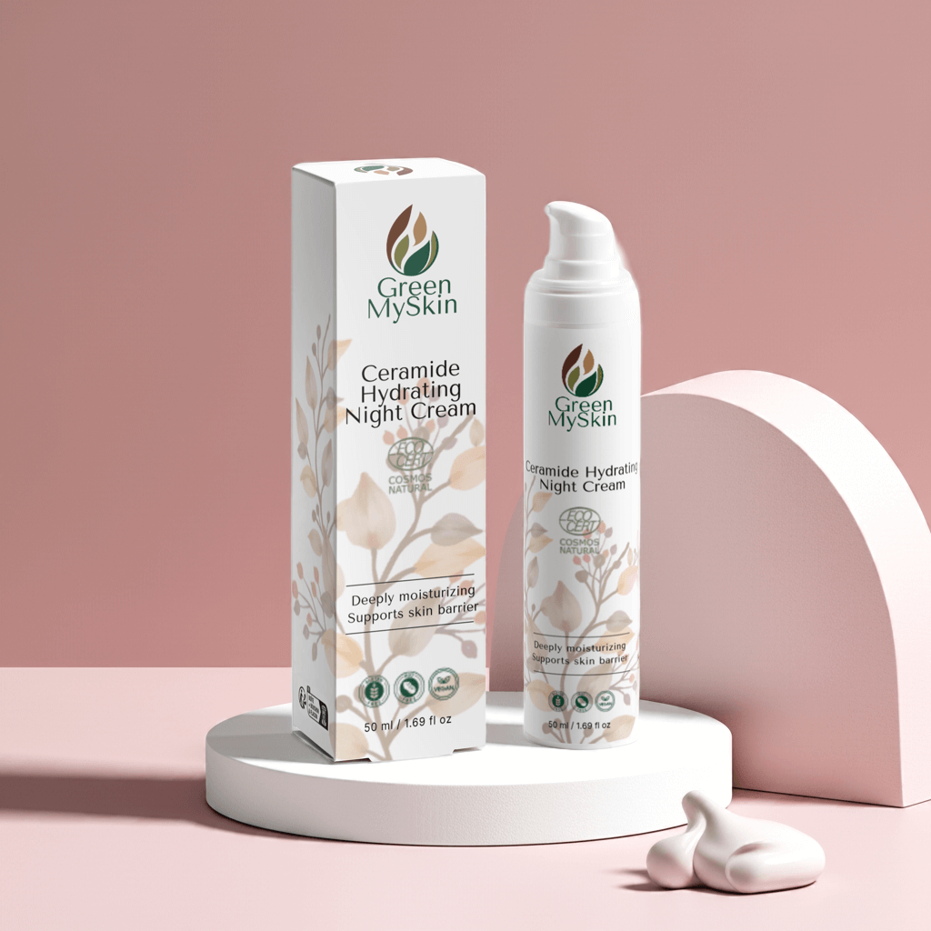 Hydrating vegan ceramide night cream, Cosmos Natural certified. Organic, cruelty-free. Nourishes, repairs, and restores skin overnight from greenmyskin.com.