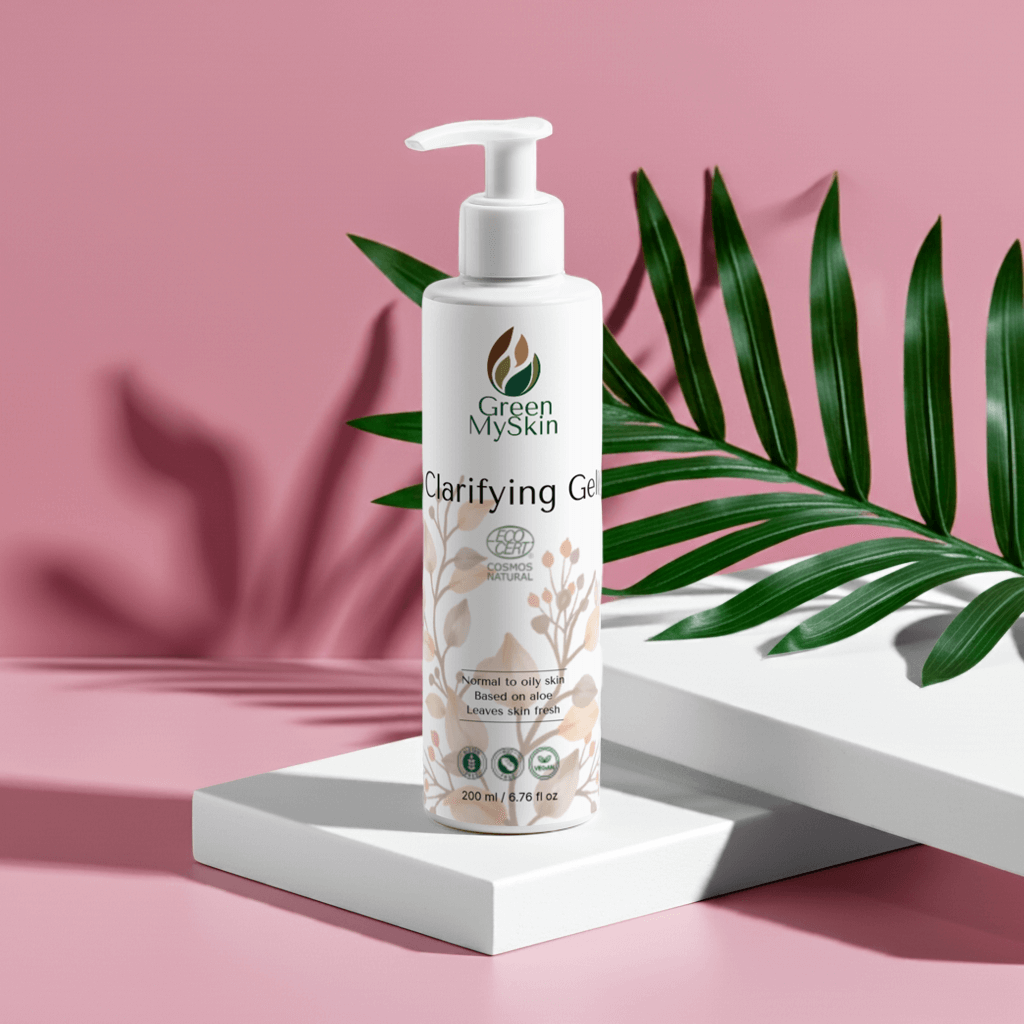 Green My Skin's vegan clarifying gel with organic, cruelty-free ingredients. COSMOS natural, it targets blemishes and inflammation for clear skin. 