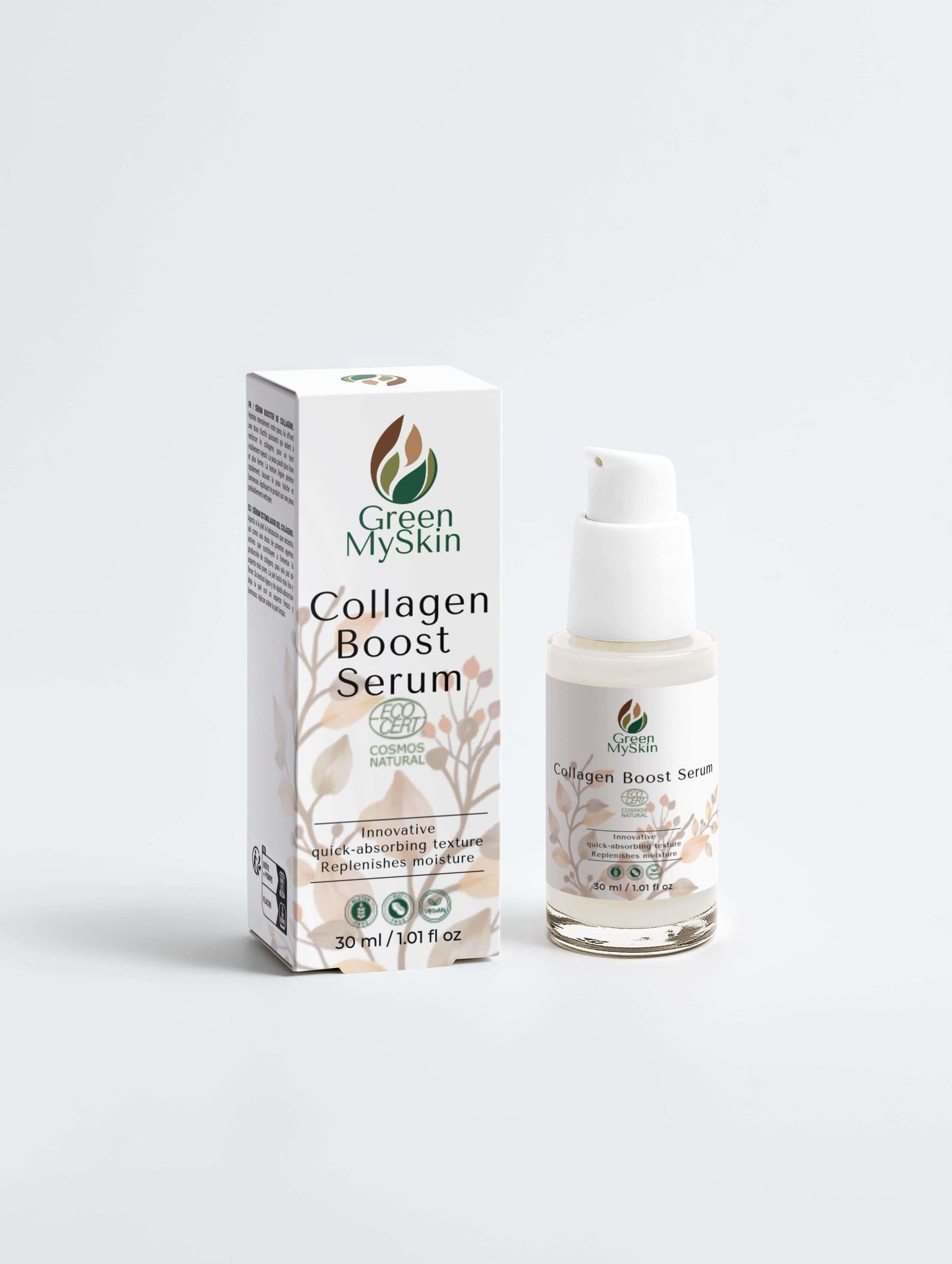 Vegan collagen boost serum with organic, cruelty-free ingredients to firm, hydrate, and promote youthful skin, available at greenmyskin.com.
