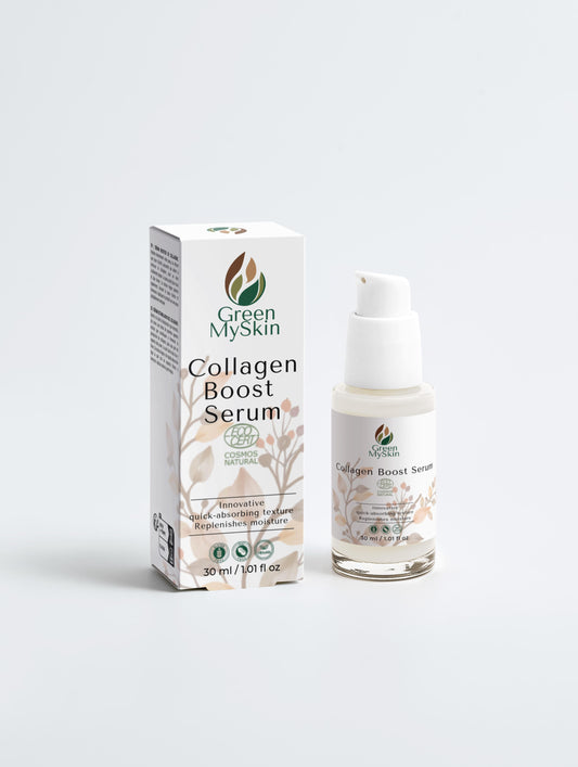 Vegan collagen boost serum with organic, cruelty-free ingredients to firm, hydrate, and promote youthful skin, available at greenmyskin.com.