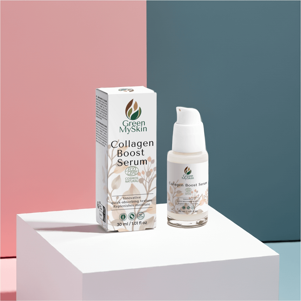 Vegan collagen boost serum (Cosmos Natural certified) by Green My Skin, with organic ingredients for firming, hydration, and promoting youthful skin.