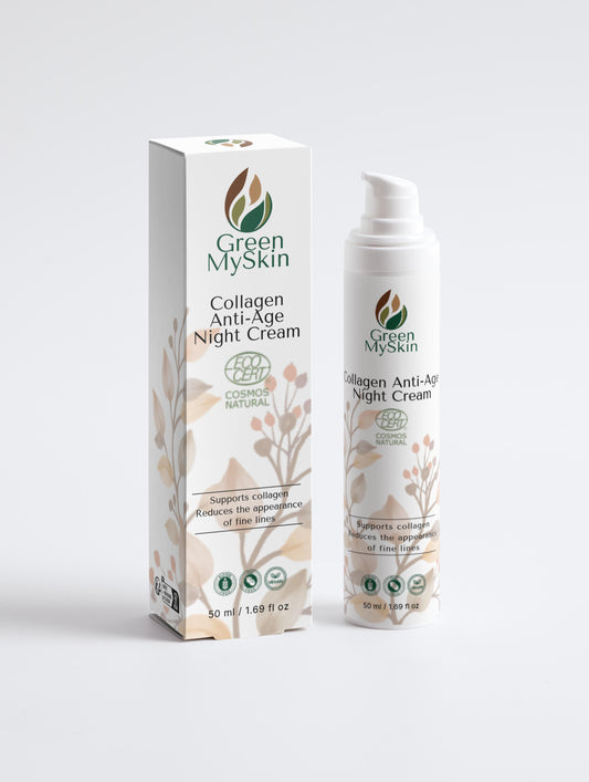 Vegan collagen anti-age night cream with organic, cruelty-free ingredients to reduce wrinkles, firm, and rejuvenate skin overnight, available at greenmyskin.com.