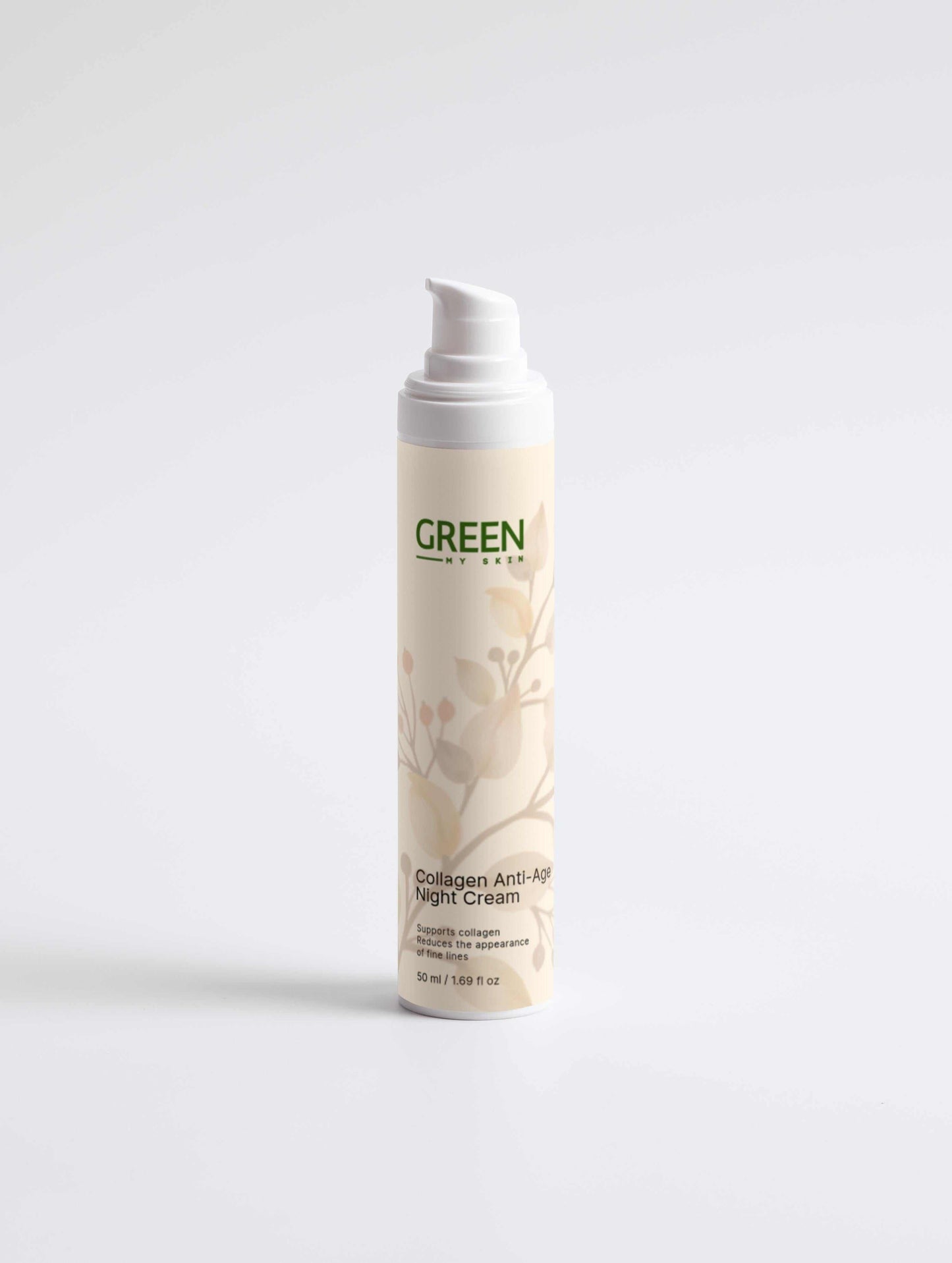 Vegan collagen anti-age night cream with organic, cruelty-free ingredients to reduce wrinkles, firm, and rejuvenate skin overnight, available at greenmyskin.com.