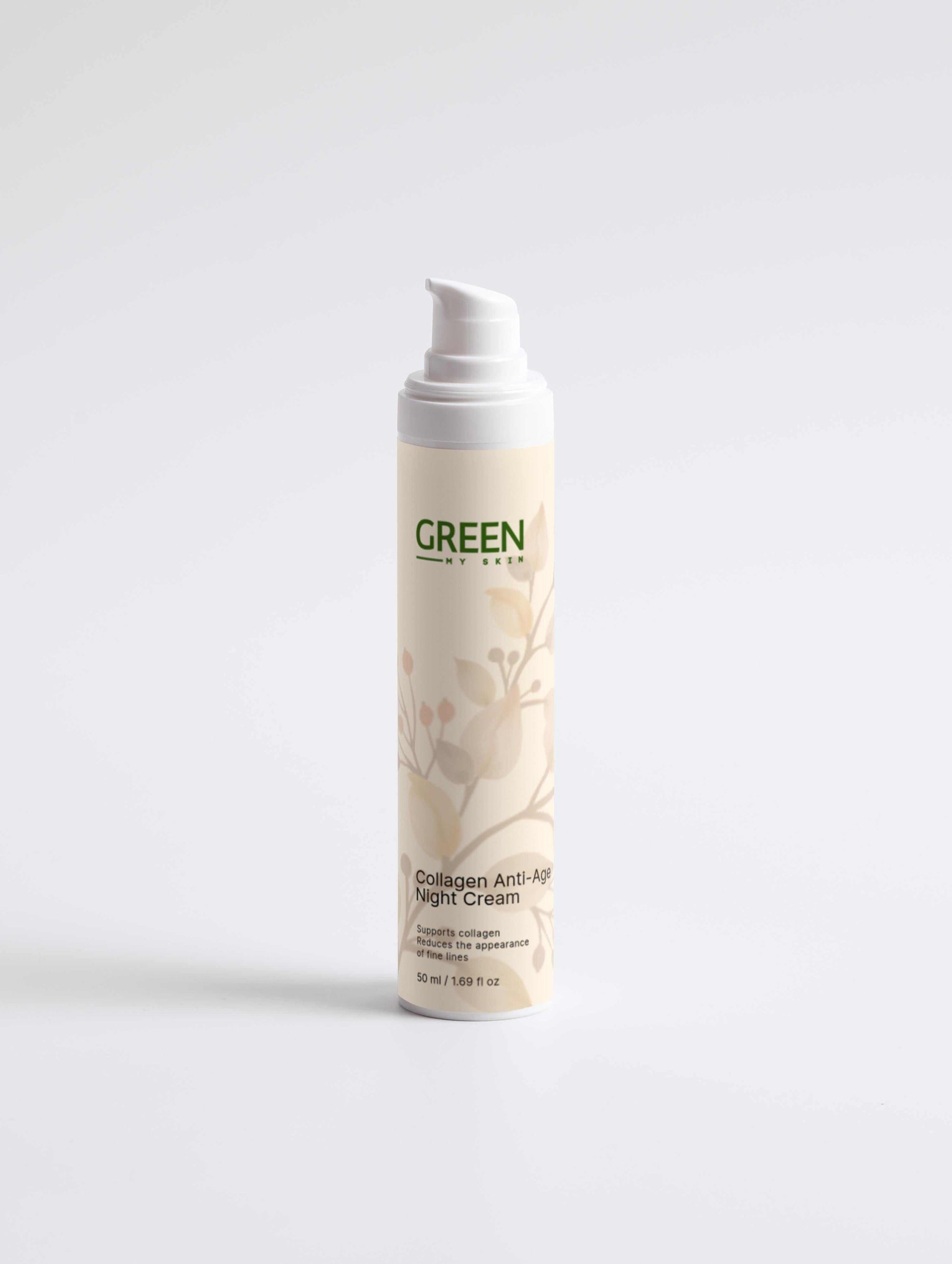 Vegan collagen anti-age night cream with organic, cruelty-free ingredients to reduce wrinkles, firm, and rejuvenate skin overnight, available at greenmyskin.com.