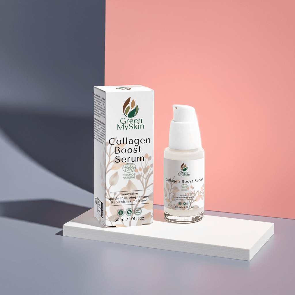 Cosmos Natural certified, cruelty-free, and organic vegan collagen boost serum, available at greenmyskin.com, that firms, hydrates, and promotes youthful skin.
