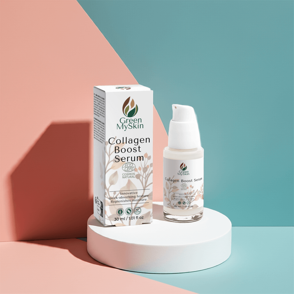 Bottle of Green My Skin's vegan collagen boost serum, Cosmos Natural certified, featuring organic and cruelty-free ingredients for firming, hydrating, and promoting youthful skin.