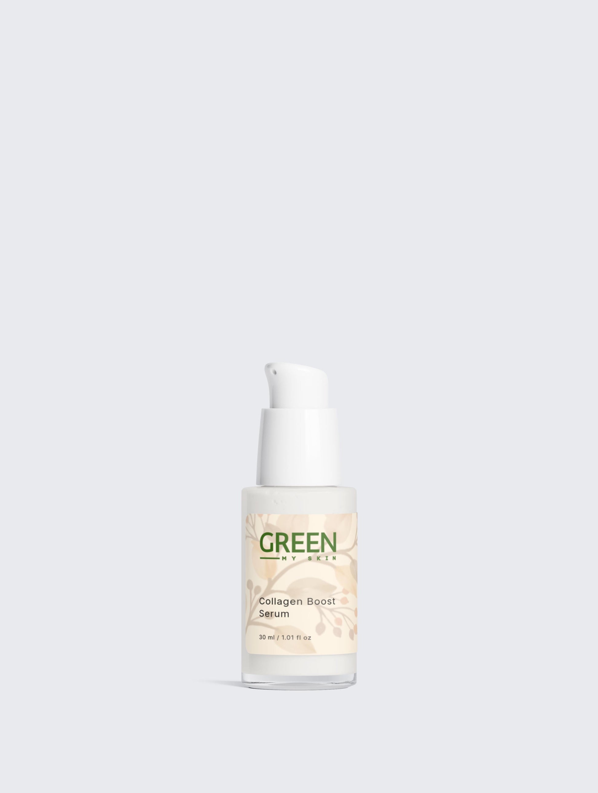 Vegan collagen boost-serum with organic, cruelty-free ingredients to firm, hydrate, and promote youthful skin, available at greenmyskin.com.