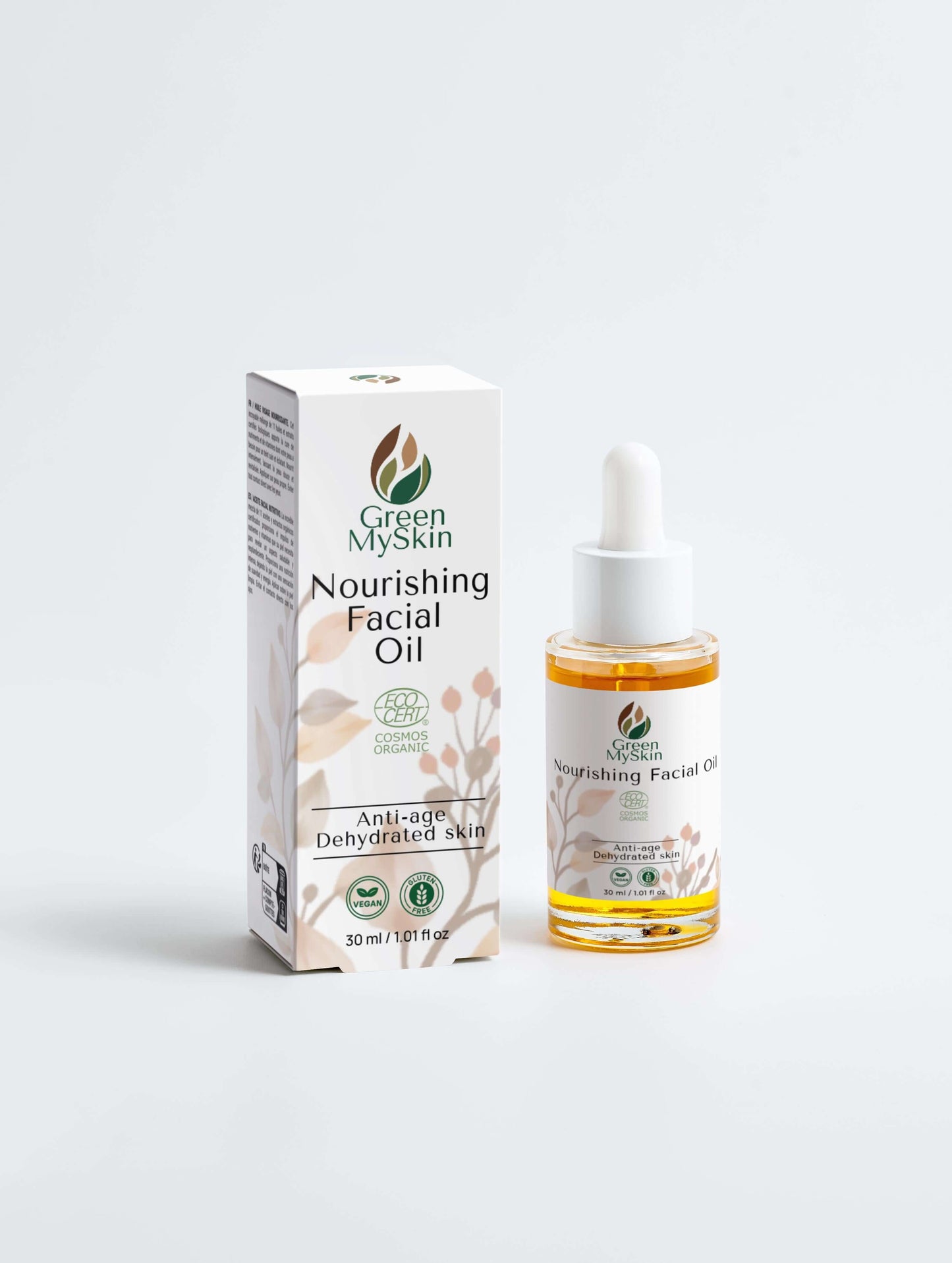 Vegan nourishing facial oil with organic, cruelty-free ingredients to hydrate, restore, and balance skin, available at greenmyskin.com.