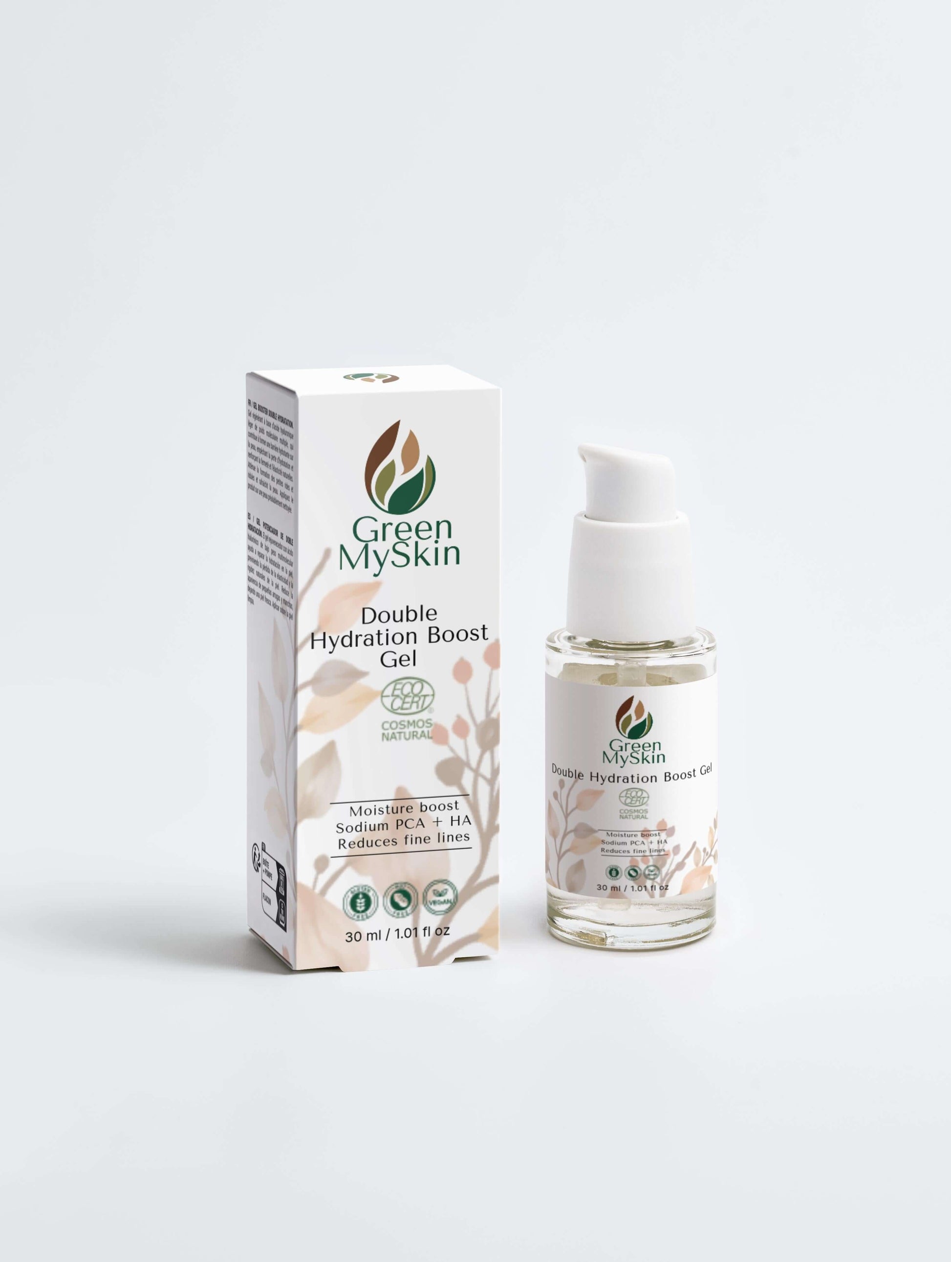 Vegan double hydration boost gel with organic, cruelty-free ingredients to deeply hydrate, refresh, and replenish skin, available at greenmyskin.com.