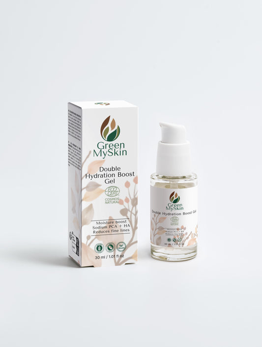 Vegan double hydration boost gel with organic, cruelty-free ingredients to deeply hydrate, refresh, and replenish skin, available at greenmyskin.com.