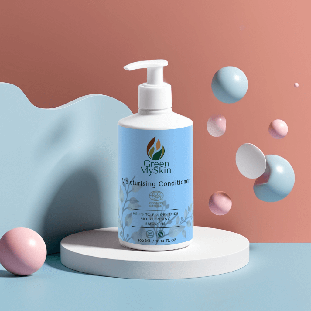 Pump bottle of moisturizing conditioner for dry ends, promoting smoother hair.