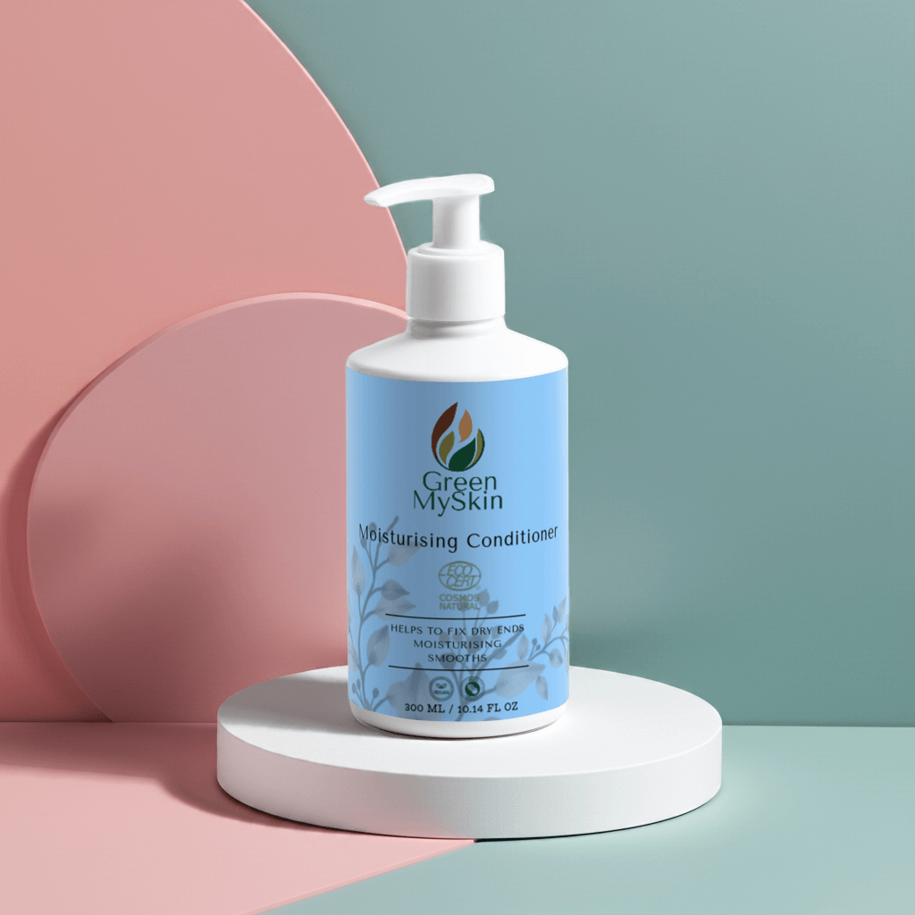Bottle of hydrating conditioner, featuring a pump dispenser, formulated to fix dry hair and boost smoothness.